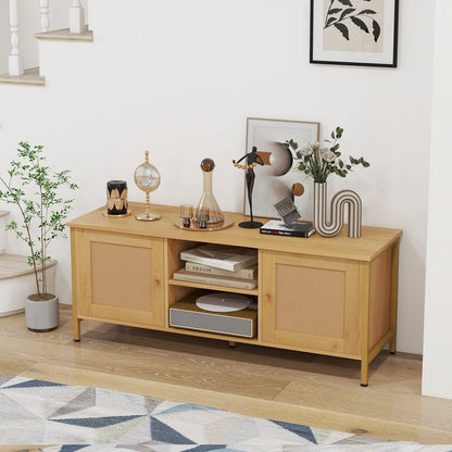 Boho TV Stand Media Console Table with 2 Cabinets and Open Shelf-Natural
