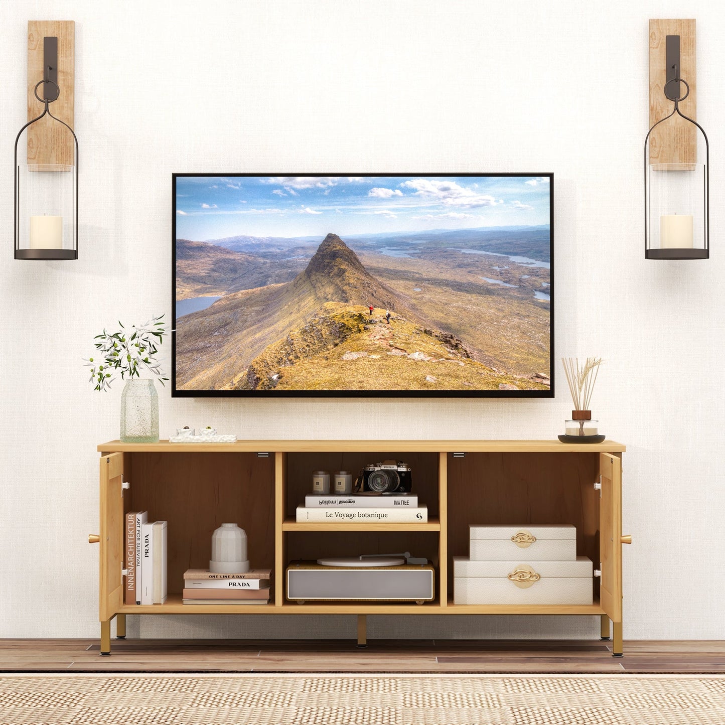 Boho TV Stand Media Console Table with 2 Cabinets and Open Shelf-Natural