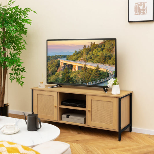 Boho TV Stand Media Console Table with 2 Cabinets and Open Shelf-Yellow