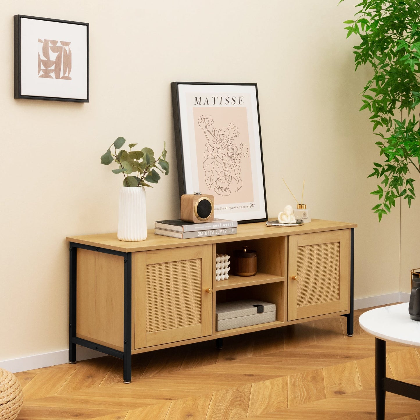 Boho TV Stand Media Console Table with 2 Cabinets and Open Shelf-Yellow