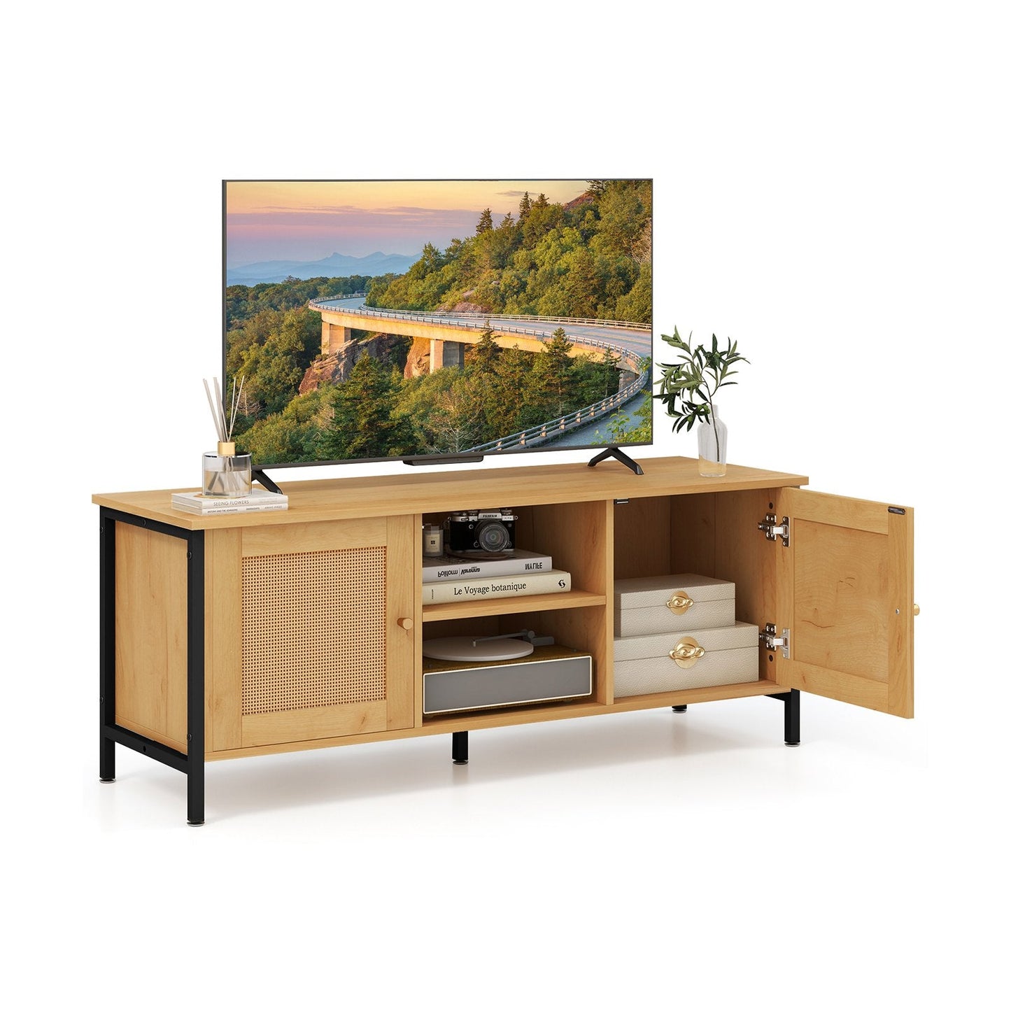 Boho TV Stand Media Console Table with 2 Cabinets and Open Shelf-Yellow
