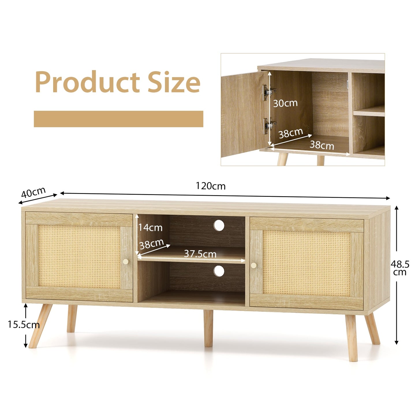 Boho PE Rattan TV Stand with 2 Cabinets and Open Shelves