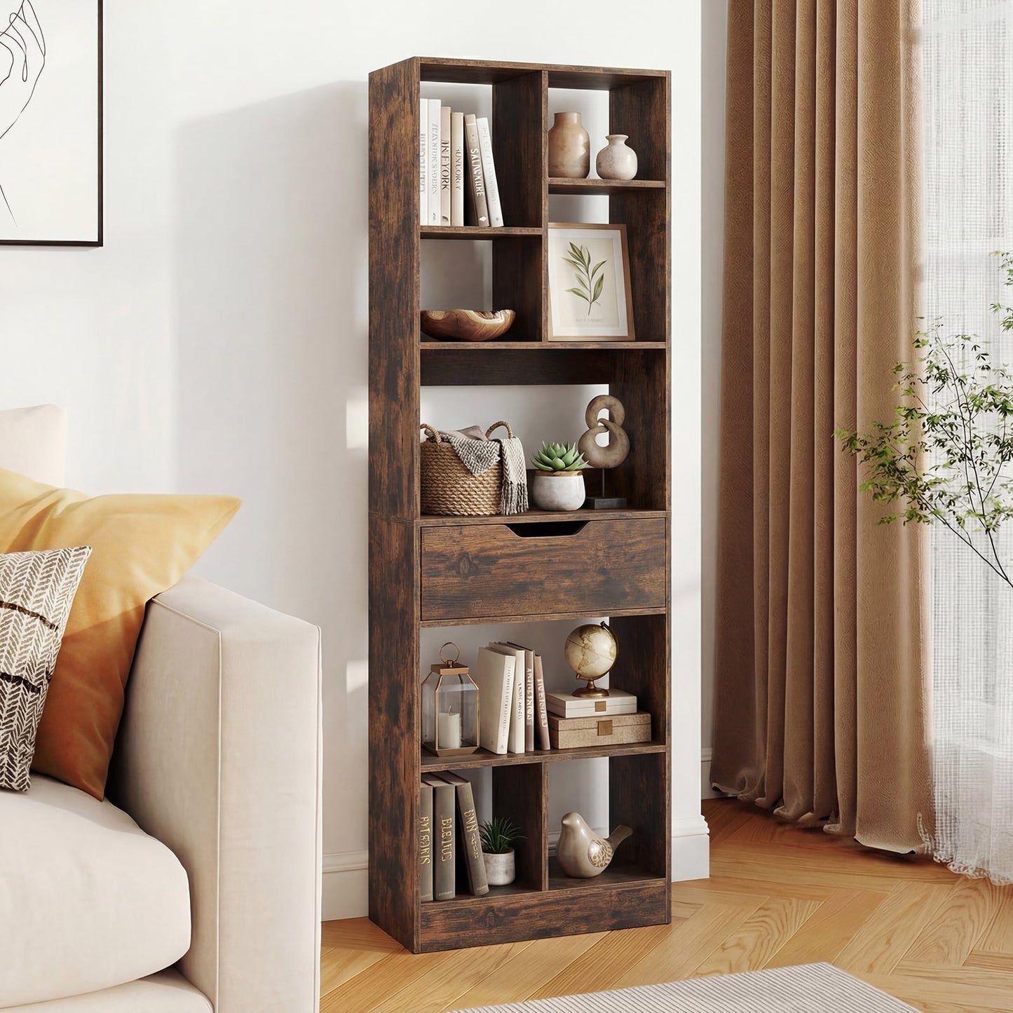 Bookcase with Drawer & 8 Open Cubes and Anti-Toppling Kits for Office Study-Rustic Brown