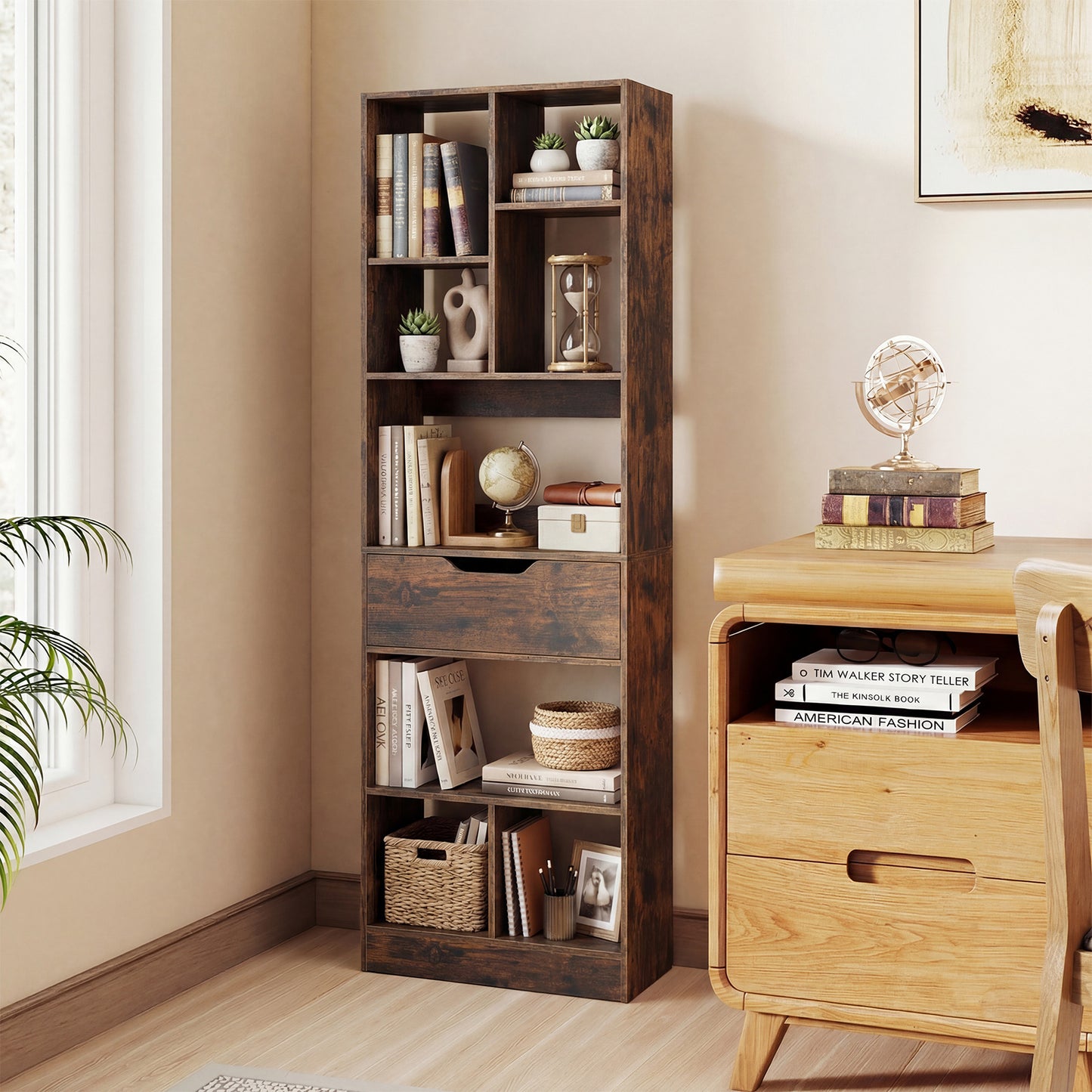 Bookcase with Drawer & 8 Open Cubes and Anti-Toppling Kits for Office Study-Rustic Brown