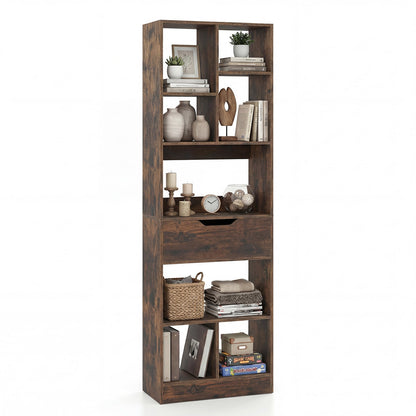 Bookcase with Drawer & 8 Open Cubes and Anti-Toppling Kits for Office Study-Rustic Brown