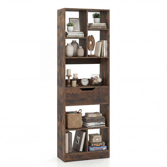 Bookcase with Drawer & 8 Open Cubes and Anti-Toppling Kits for Office Study-Rustic Brown