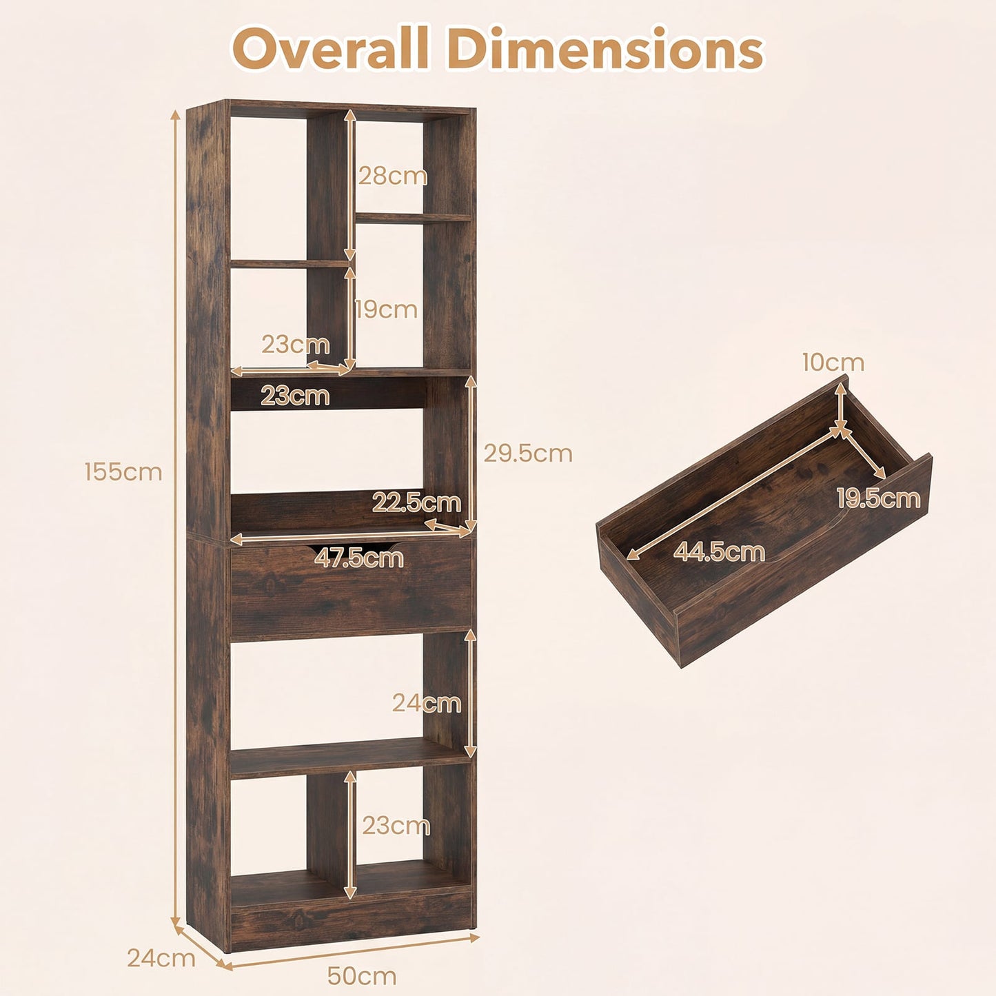 Bookcase with Drawer & 8 Open Cubes and Anti-Toppling Kits for Office Study-Rustic Brown