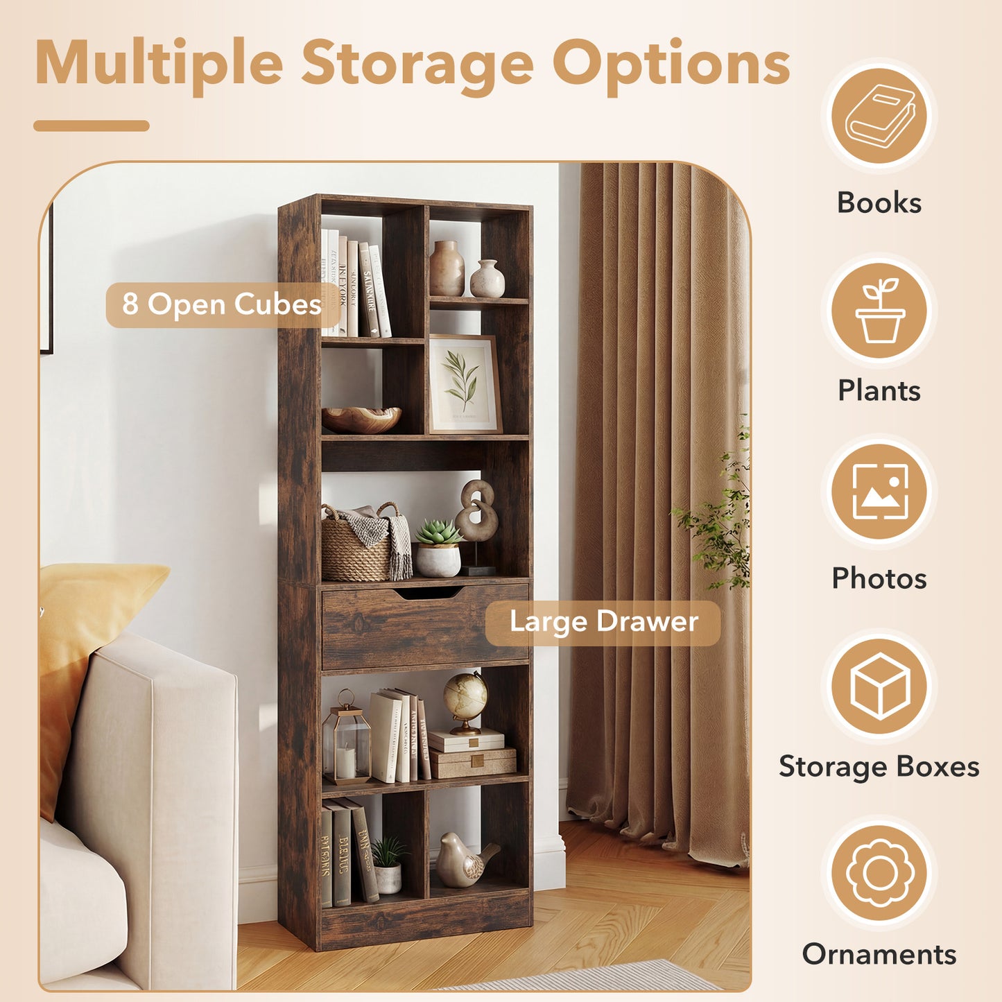 Bookcase with Drawer & 8 Open Cubes and Anti-Toppling Kits for Office Study-Rustic Brown