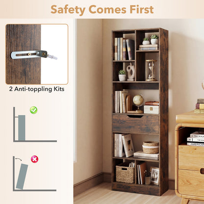 Bookcase with Drawer & 8 Open Cubes and Anti-Toppling Kits for Office Study-Rustic Brown