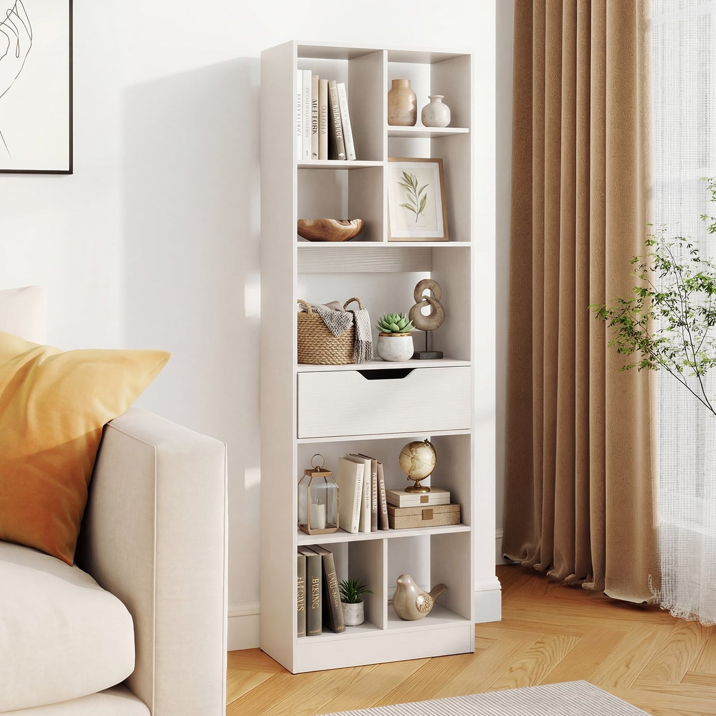 Bookcase with Drawer & 8 Open Cubes and Anti-Toppling Kits for Office Study-White