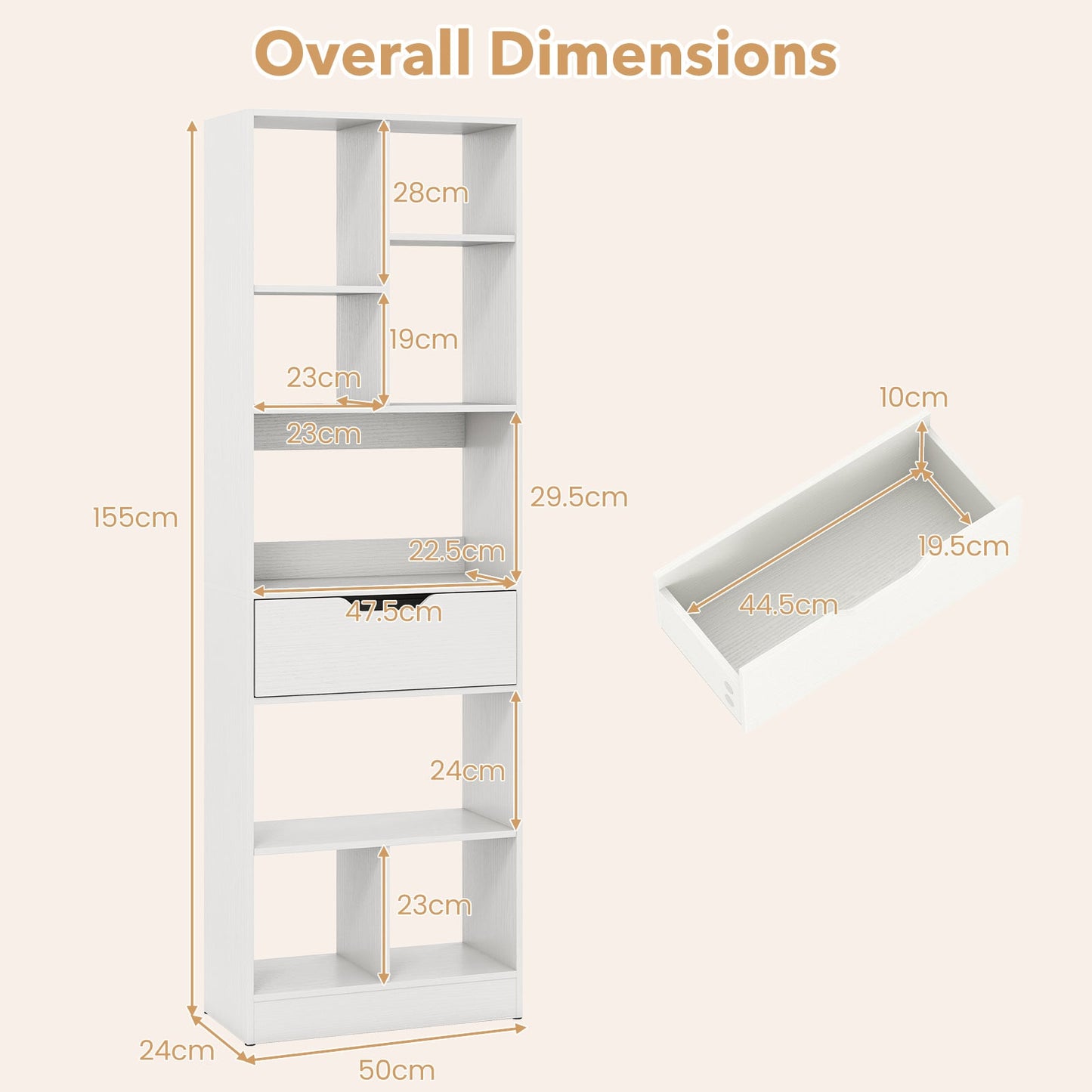 Bookcase with Drawer & 8 Open Cubes and Anti-Toppling Kits for Office Study-White
