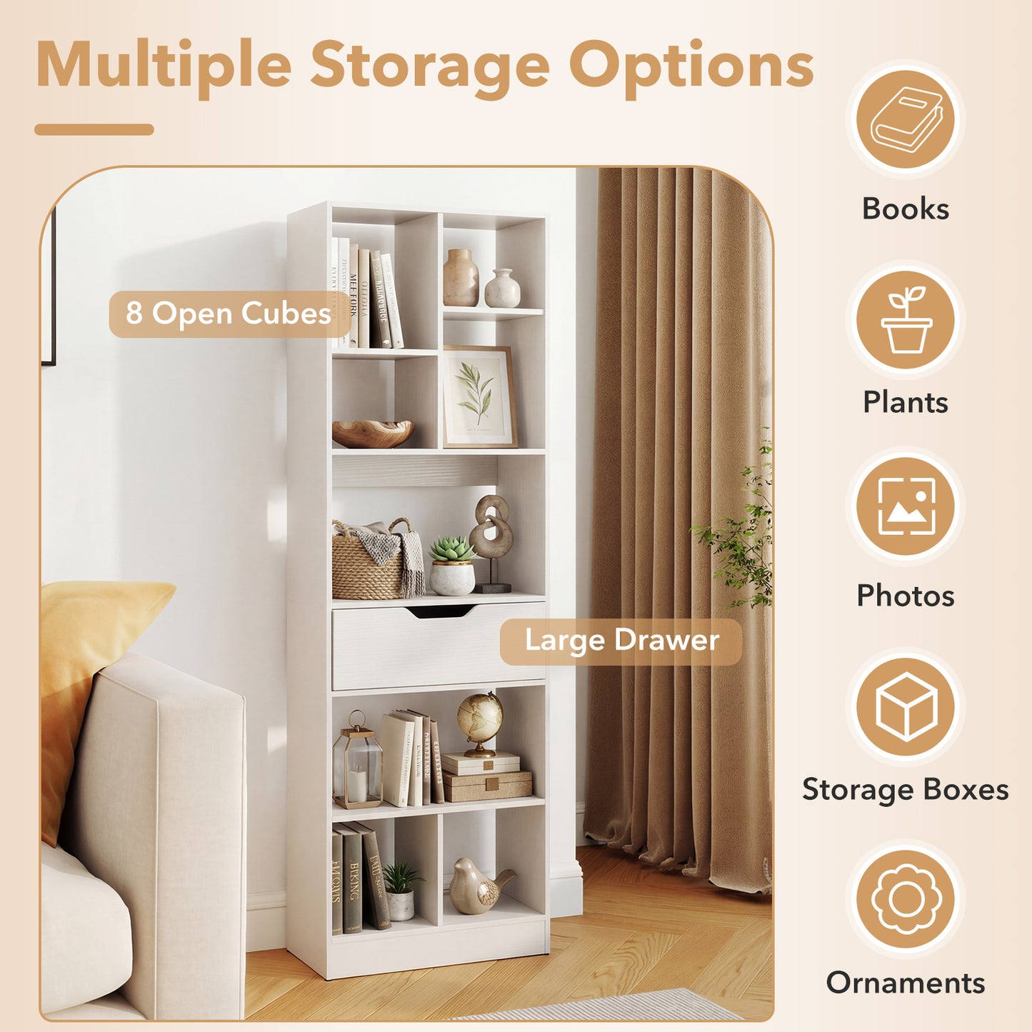 Bookcase with Drawer & 8 Open Cubes and Anti-Toppling Kits for Office Study-White