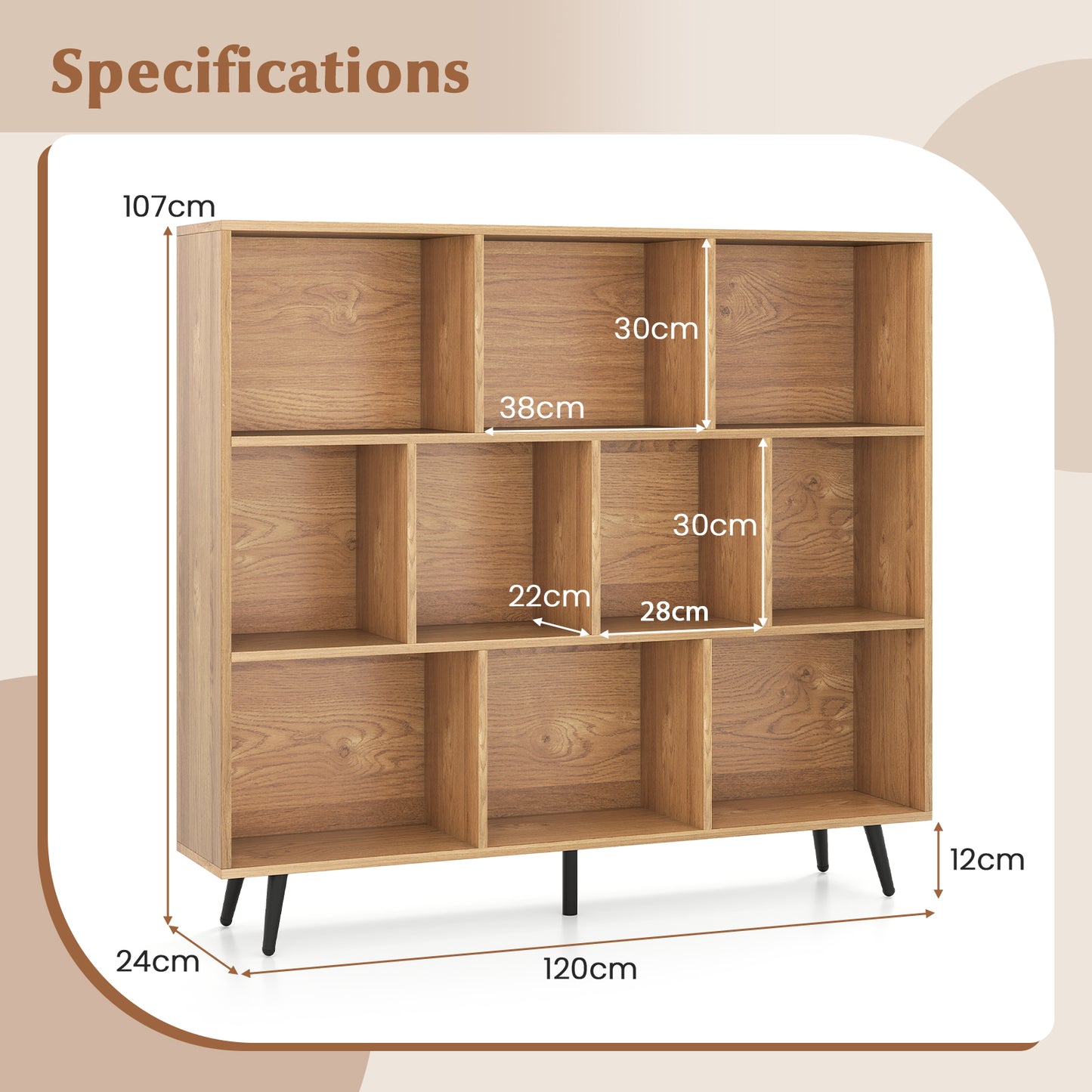 10-Cube Bookcase 120 CM Mid Century Modern Storage Organizer-Natural
