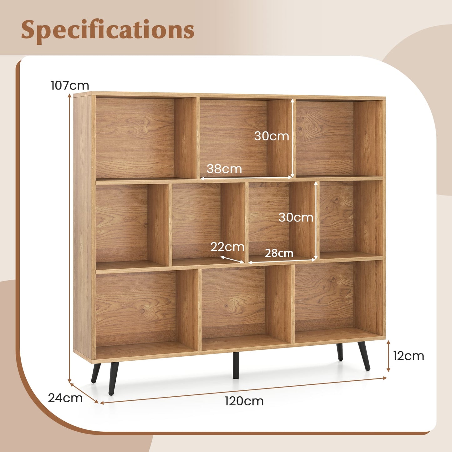 10-Cube Bookcase 120 CM Mid Century Modern Storage Organizer-Natural