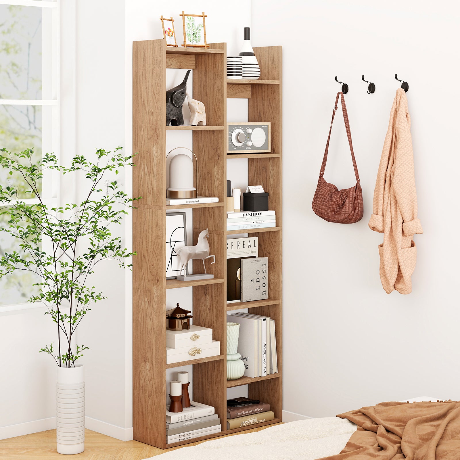 Bookshelf 11-Tier Bookcase with Anti-Tipping Kits Wood Display Shelf-Natural