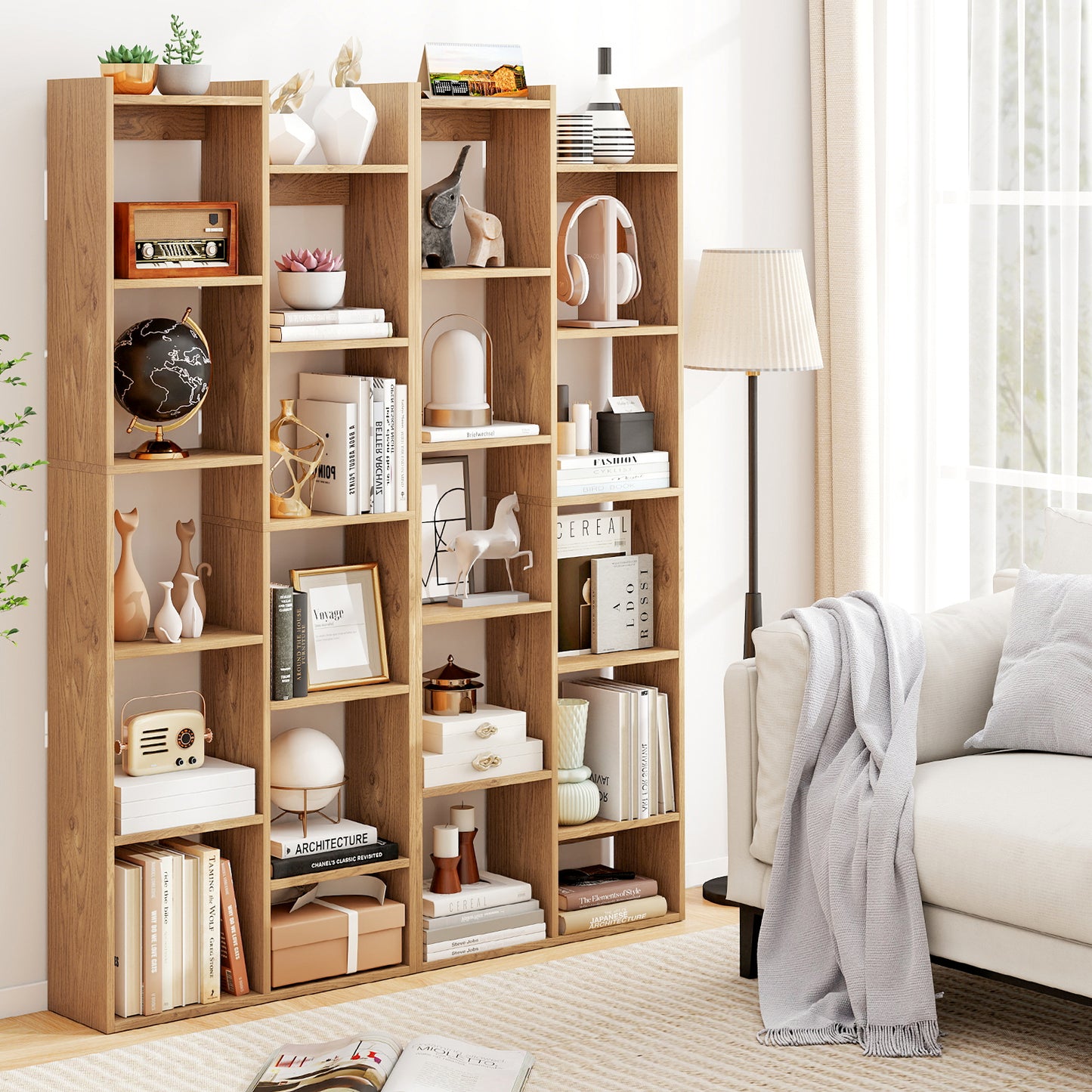 Bookshelf 11-Tier Bookcase with Anti-Tipping Kits Wood Display Shelf-Natural
