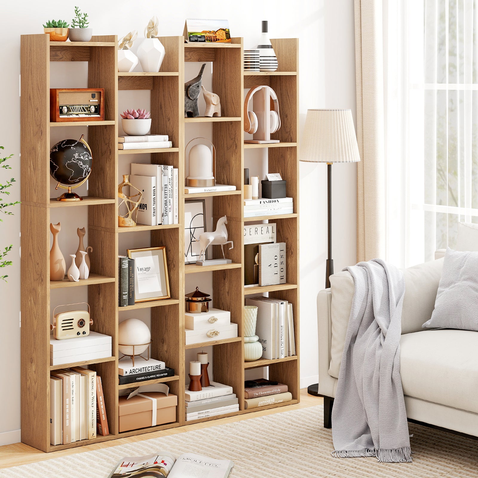 Bookshelf 11-Tier Bookcase with Anti-Tipping Kits Wood Display Shelf-Natural
