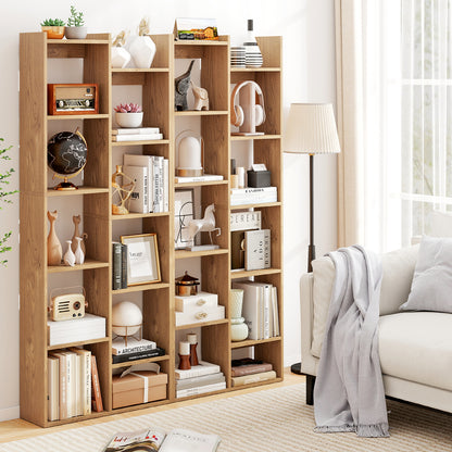 Bookshelf 11-Tier Bookcase with Anti-Tipping Kits Wood Display Shelf-Natural