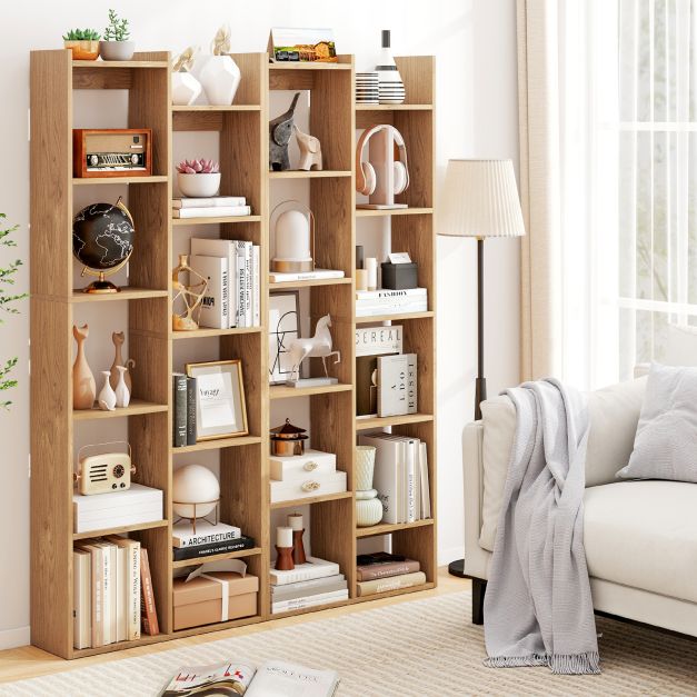 12-Tier Bookcase with Anti-Tipping Kits and Wood Display Shelf-Natural