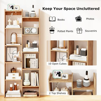 12-Tier Bookcase with Anti-Tipping Kits and Wood Display Shelf-Natural