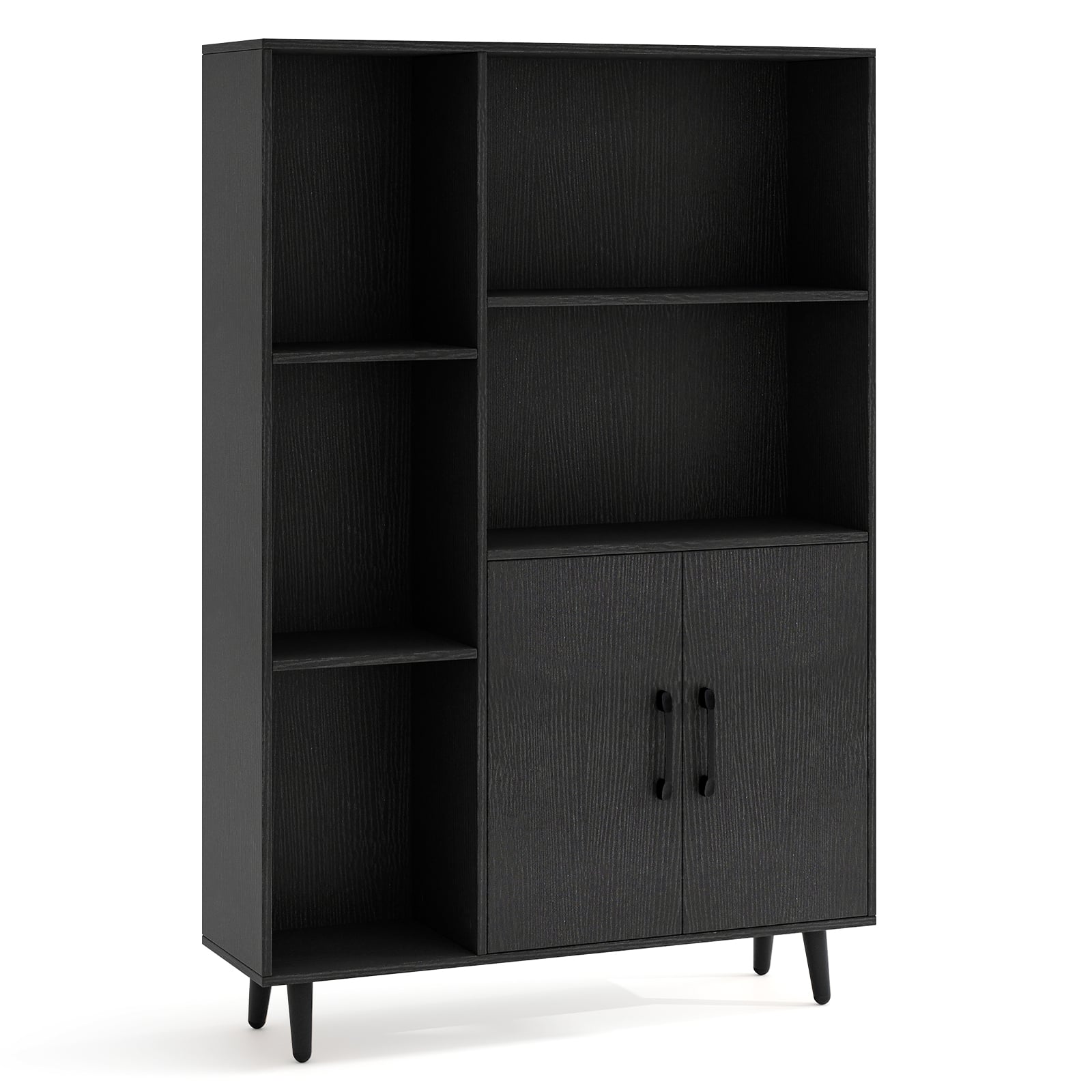 Bookcase with 5 Open Compartments and Double Doors Storage Cabinet-Black