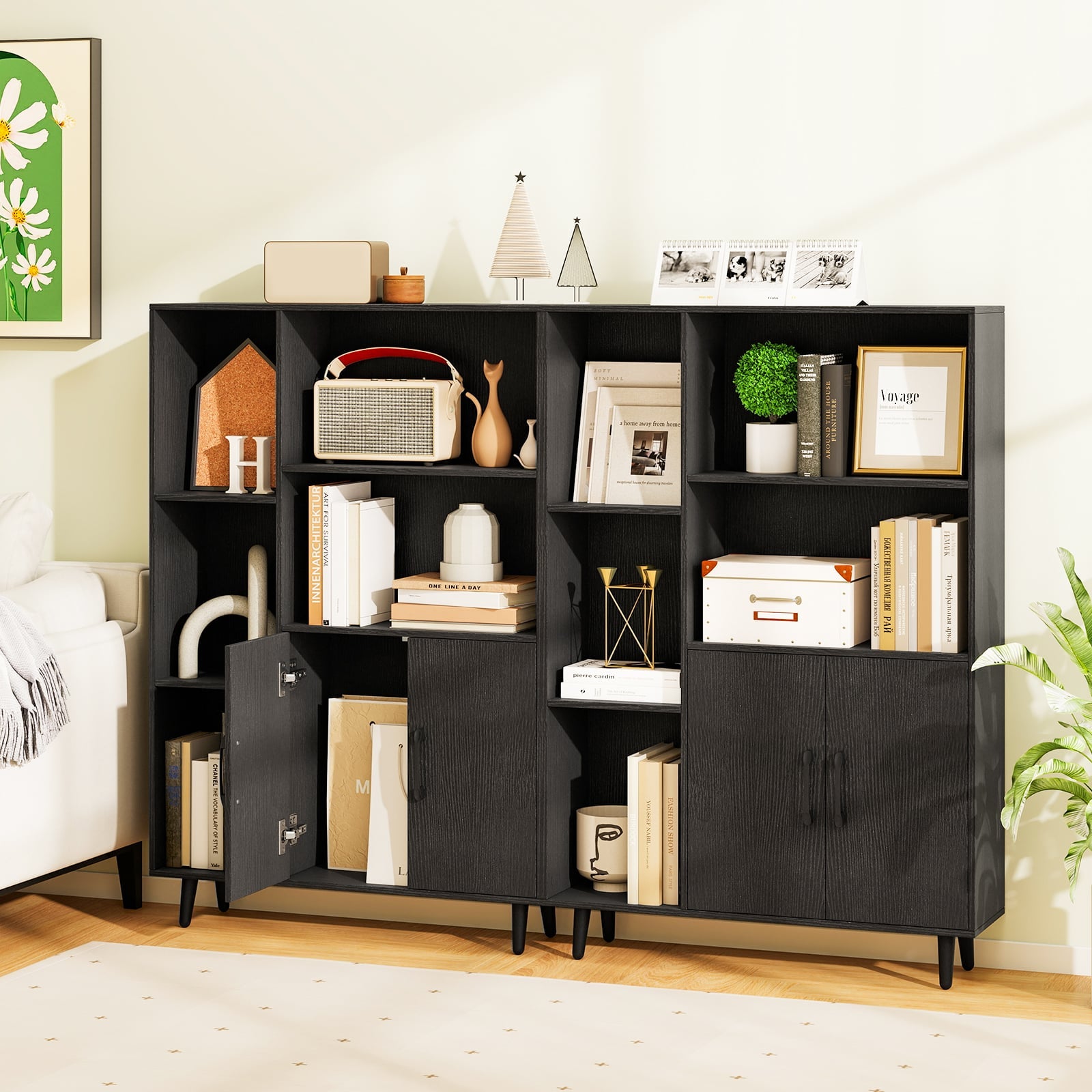 Bookcase with 5 Open Compartments and Double Doors Storage Cabinet-Black