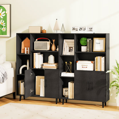 Bookcase with 5 Open Compartments and Double Doors Storage Cabinet-Black