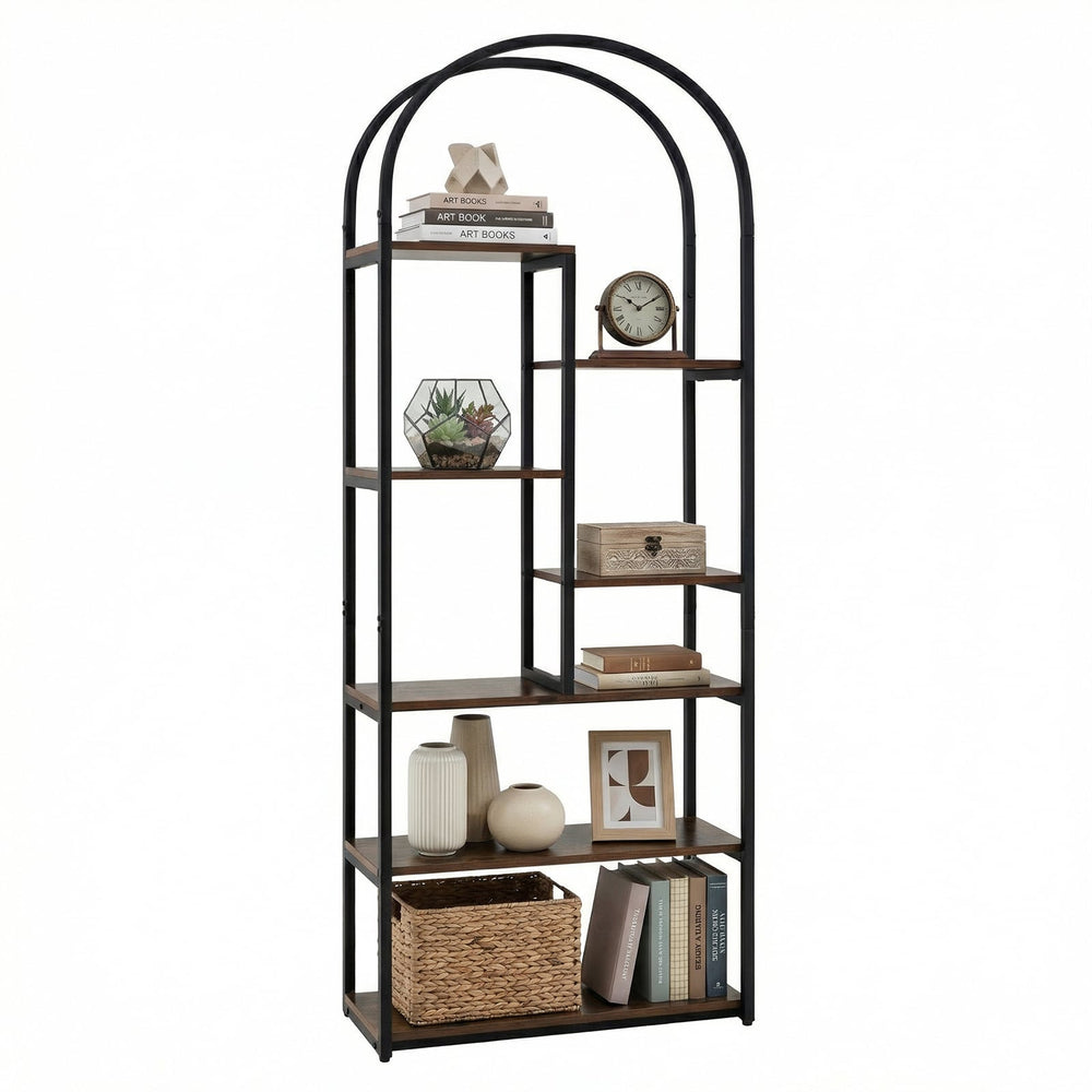 Bookshelf Industrial Arched Bookcase with 7 Open Shelves-Rustic Brown