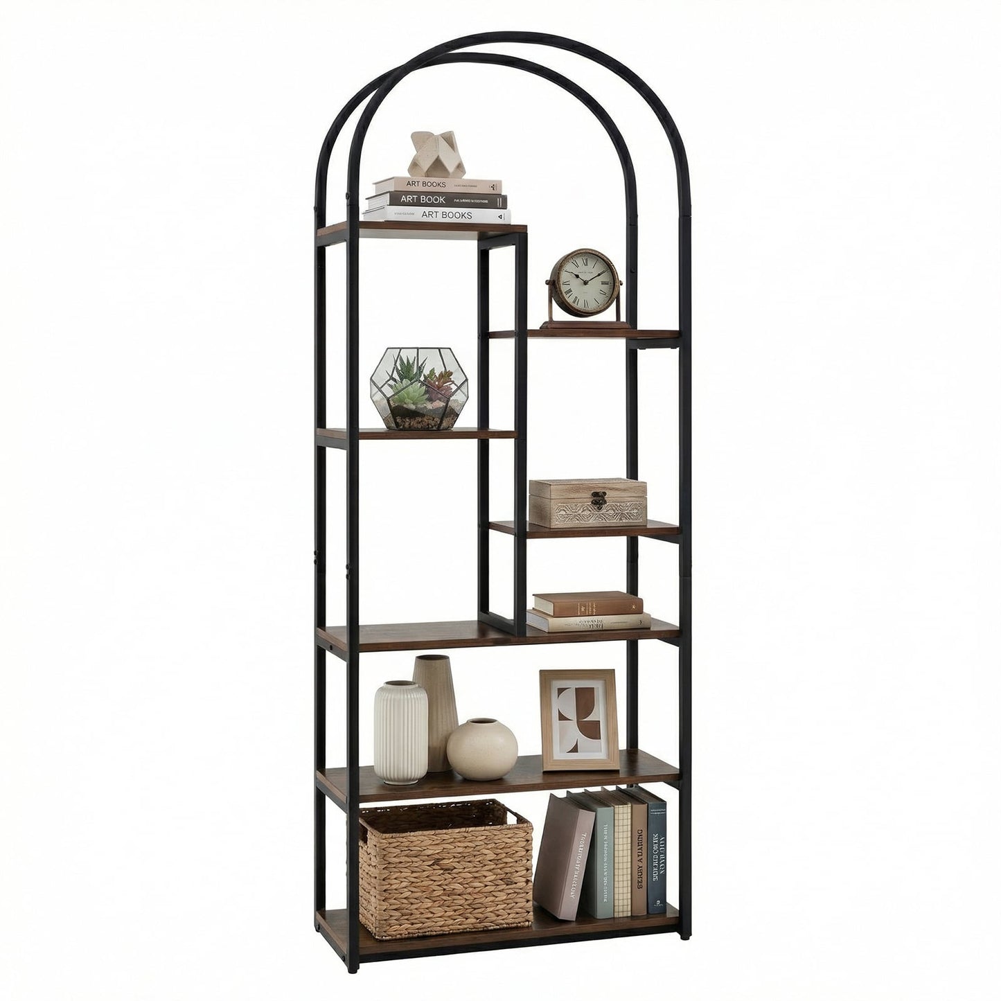 Bookshelf Industrial Arched Bookcase with 7 Open Shelves-Rustic Brown