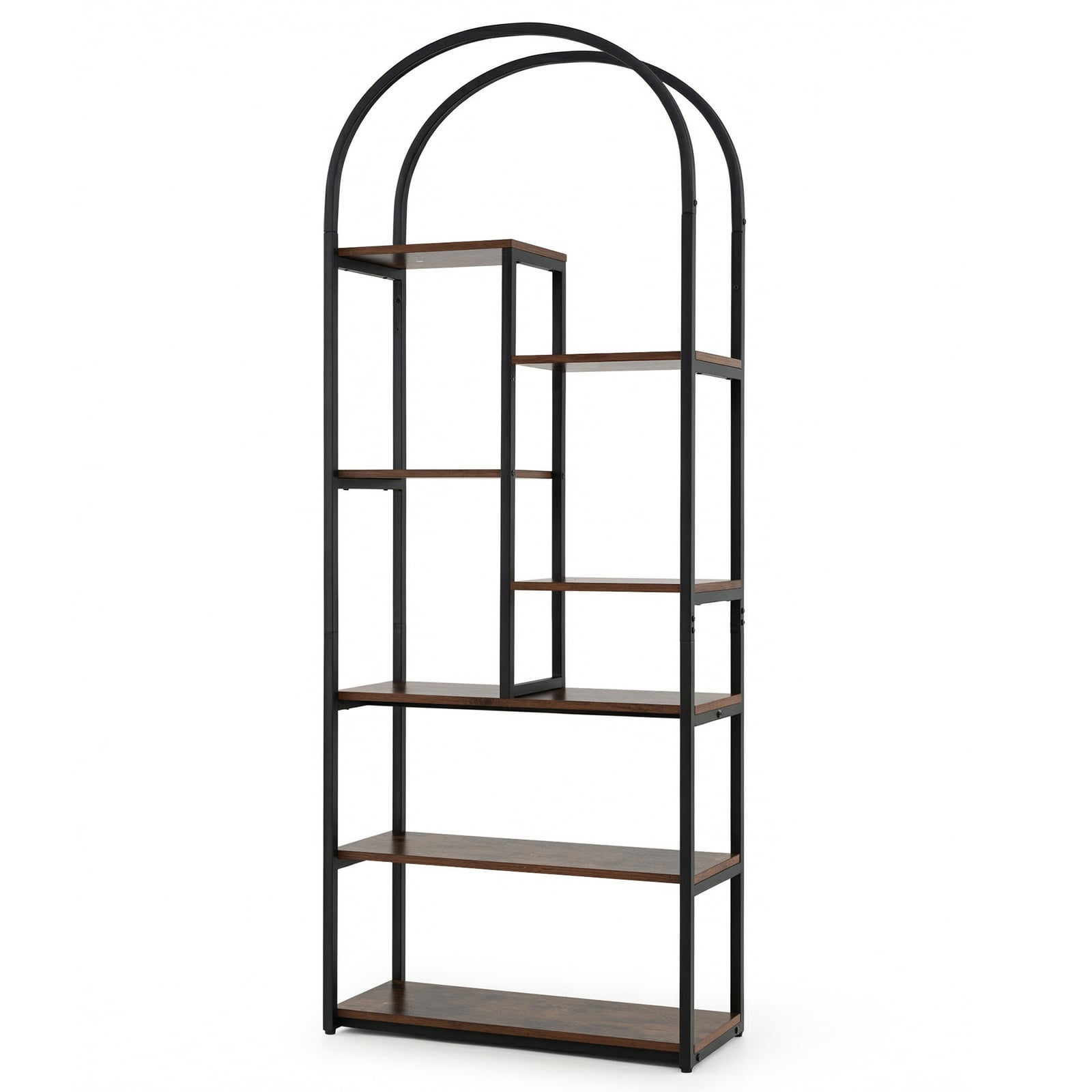 Bookshelf Industrial Arched Bookcase with 7 Open Shelves-Rustic Brown