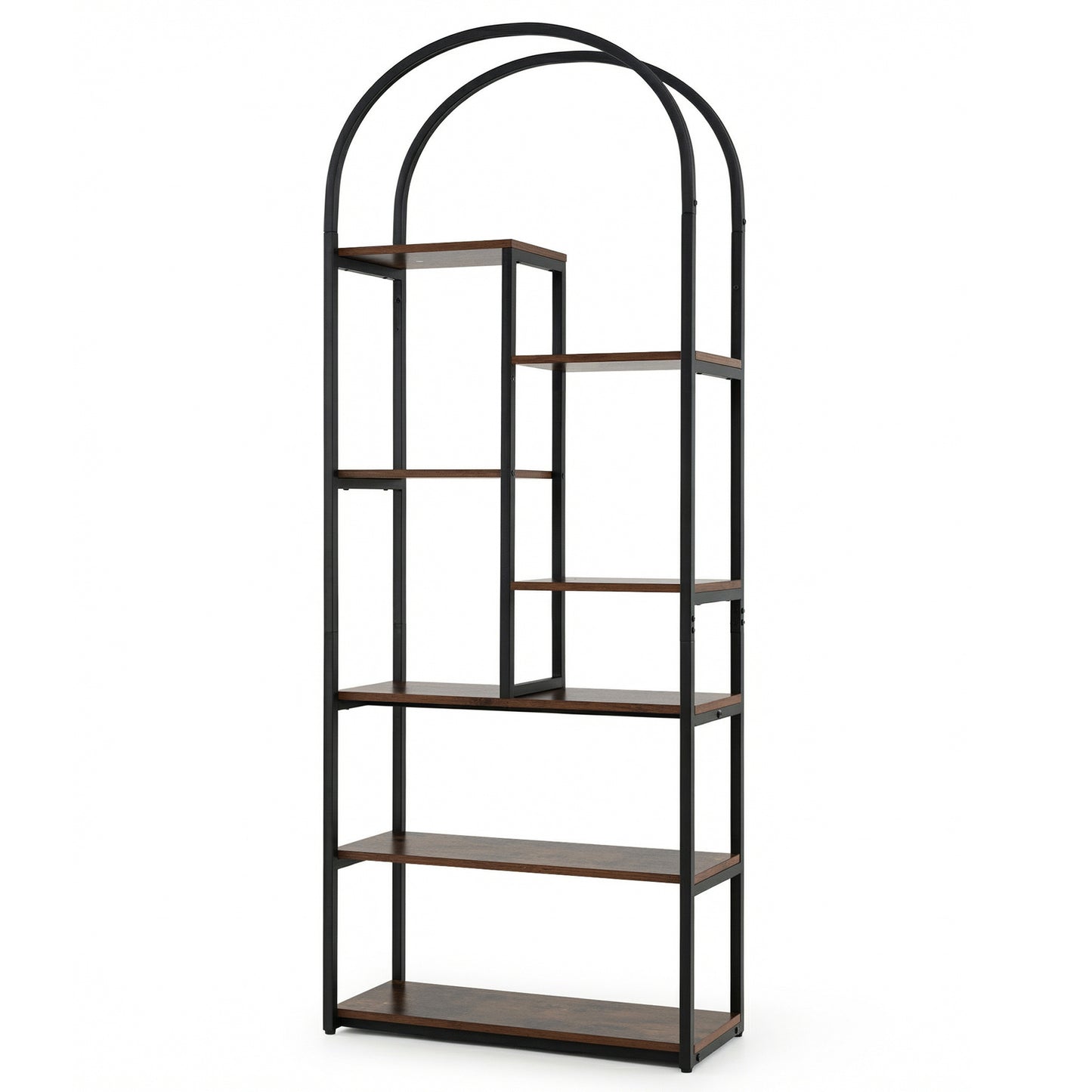 Bookshelf Industrial Arched Bookcase with 7 Open Shelves-Rustic Brown
