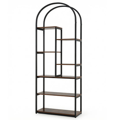 Bookshelf Industrial Arched Bookcase with 7 Open Shelves-Rustic Brown