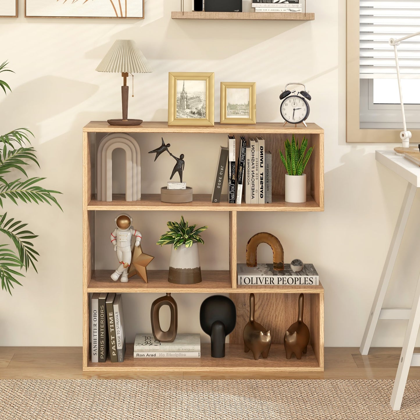 3-tier Bookshelf Irregular Open Back Bookcase with 3 Cubes-Natural