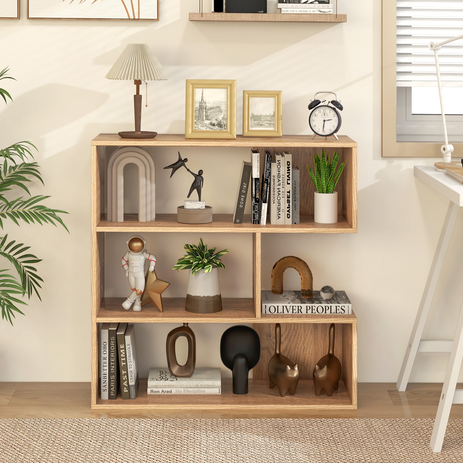 3-tier Bookshelf Irregular Open Back Bookcase with 3 Cubes-Natural