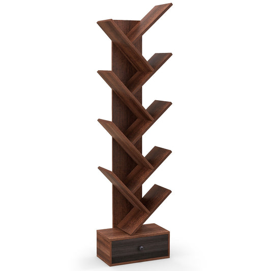 10-Tier Tree Bookshelf with Drawer with Anti-Tipping Kit-Brown