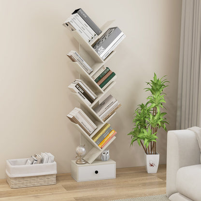 10-Tier Tree Bookshelf with Drawer with Anti-Tipping Kit-Beige