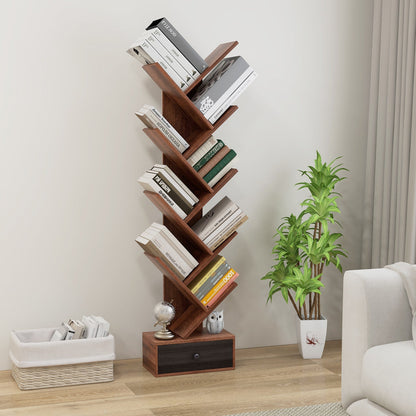 10-Tier Tree Bookshelf with Drawer with Anti-Tipping Kit-Brown