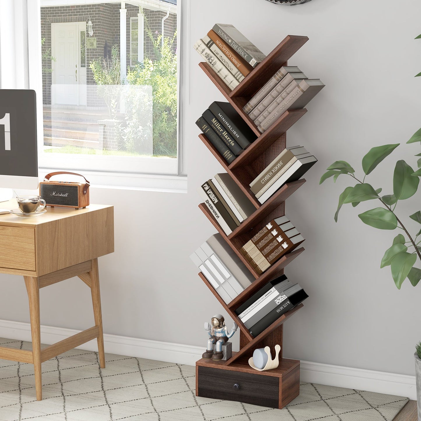 10-Tier Tree Bookshelf with Drawer with Anti-Tipping Kit-Brown