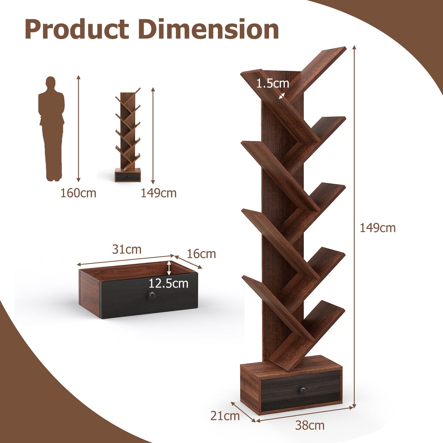 10-Tier Tree Bookshelf with Drawer with Anti-Tipping Kit-Brown