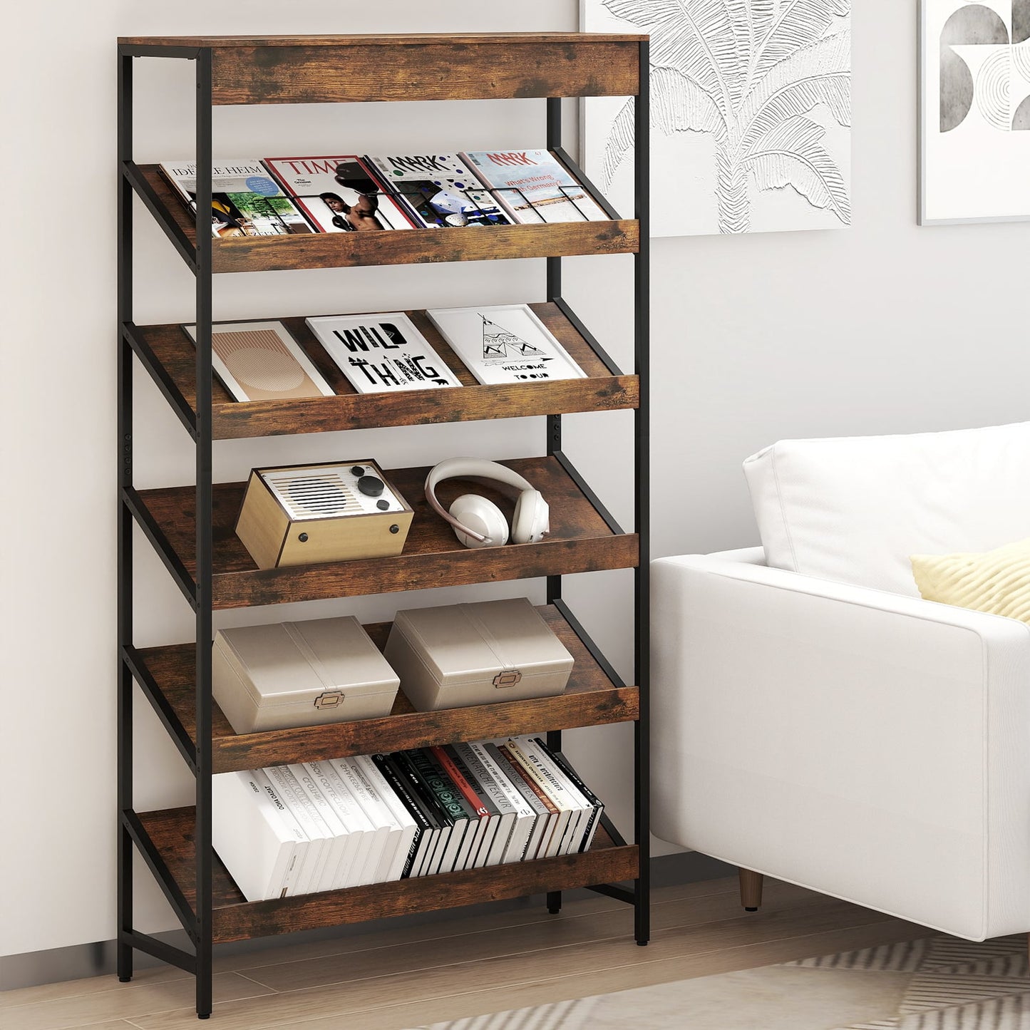 6 Tier Bookshelf with Heavy-Duty Metal Frame for Living Room-Rustic Brown