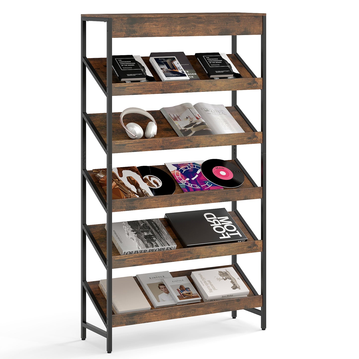 6 Tier Bookshelf with Heavy-Duty Metal Frame for Living Room-Rustic Brown