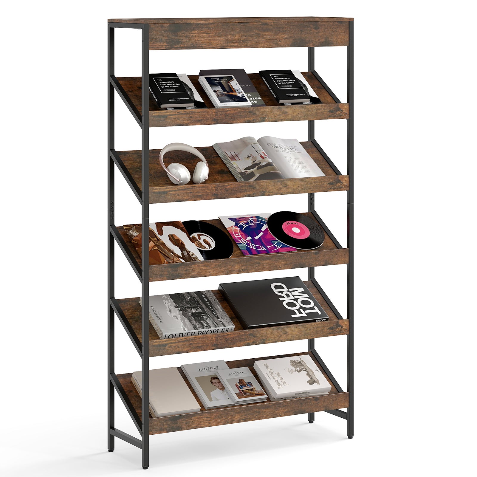 6 Tier Bookshelf with Heavy-Duty Metal Frame for Living Room-Rustic Brown