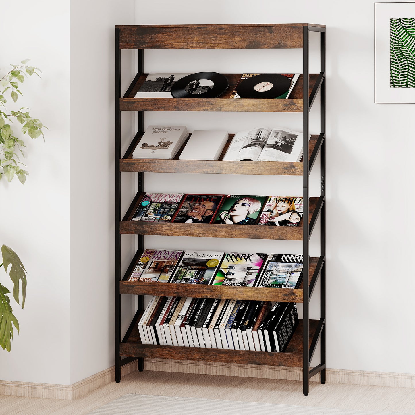 6 Tier Bookshelf with Heavy-Duty Metal Frame for Living Room-Rustic Brown