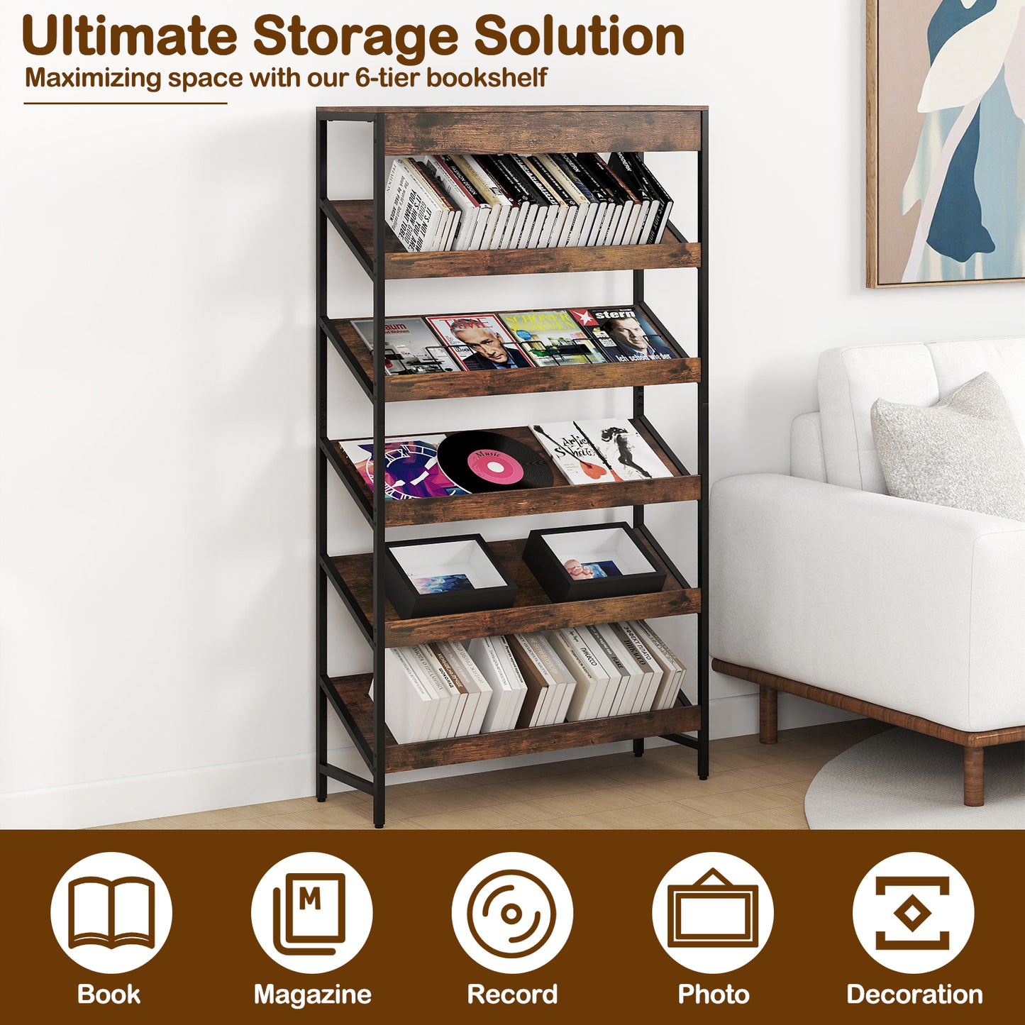 6 Tier Bookshelf with Heavy-Duty Metal Frame for Living Room-Rustic Brown
