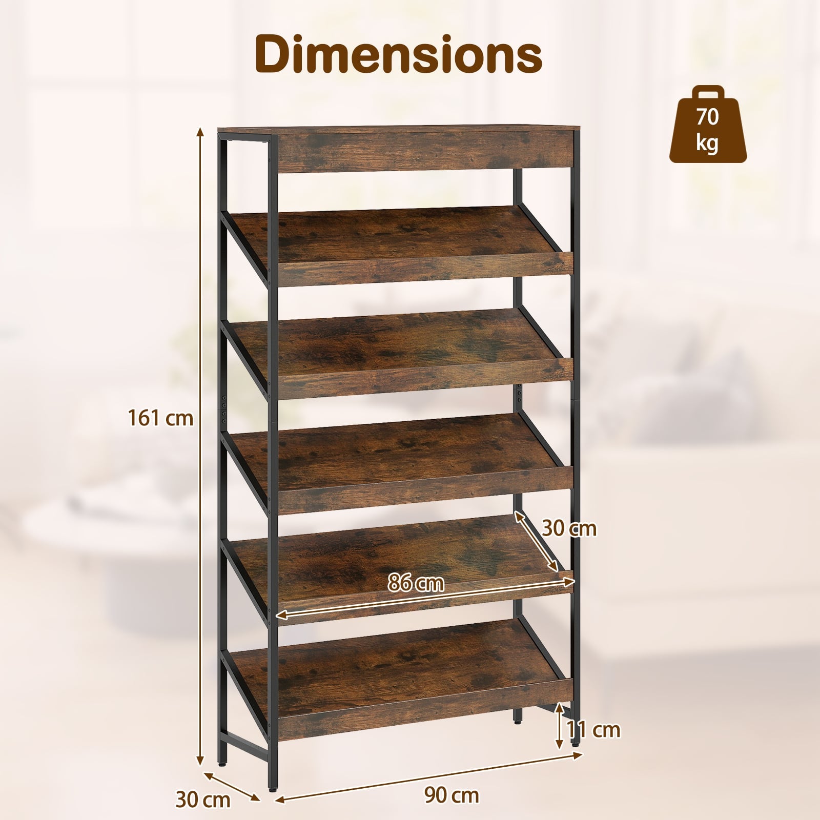6 Tier Bookshelf with Heavy-Duty Metal Frame for Living Room-Rustic Brown