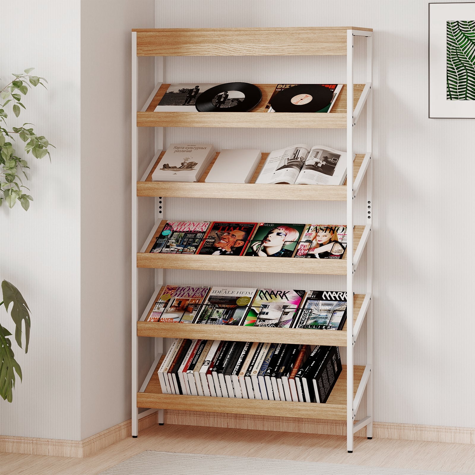 6 Tier Bookshelf with Heavy-Duty Metal Frame for Living Room-Natural