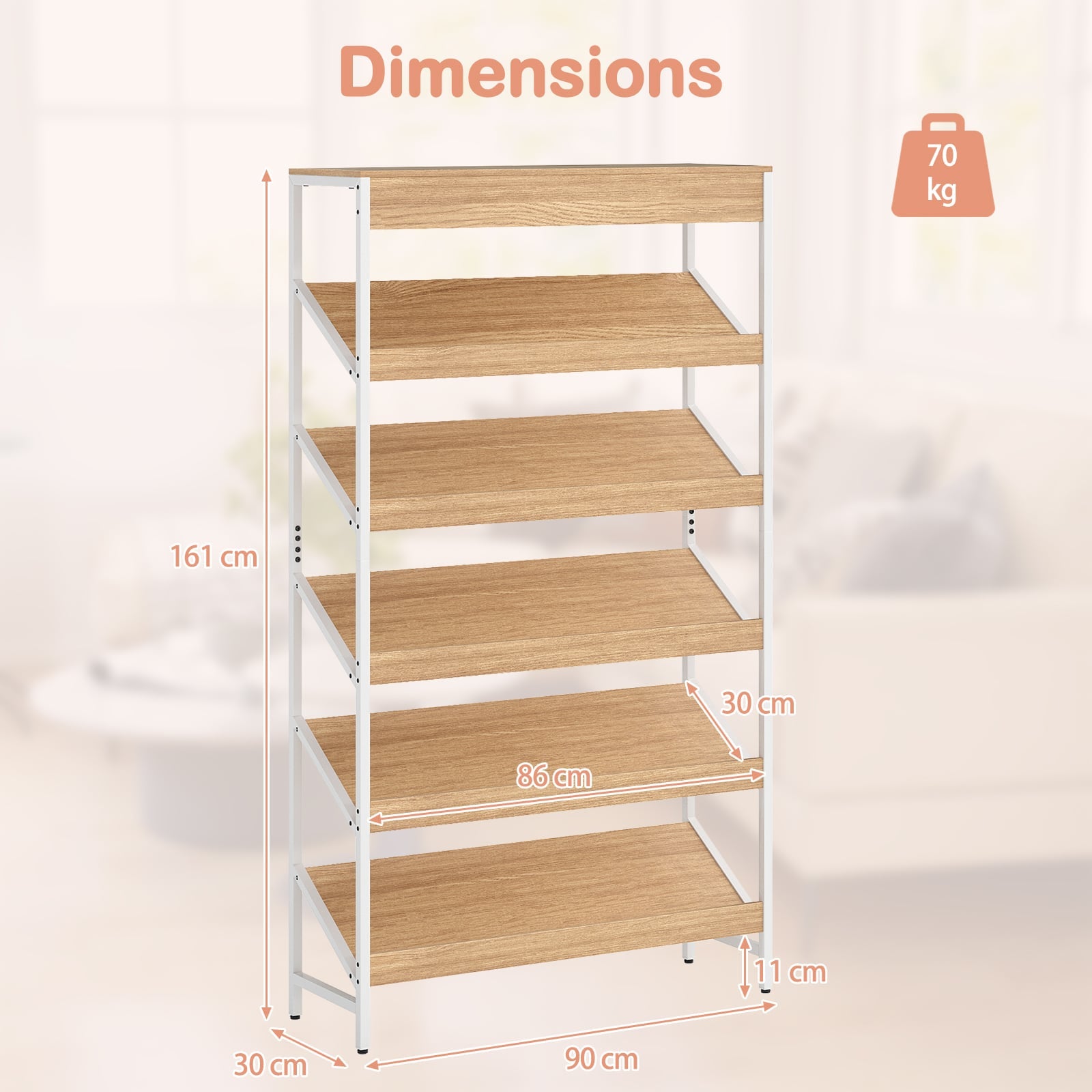 6 Tier Bookshelf with Heavy-Duty Metal Frame for Living Room-Natural