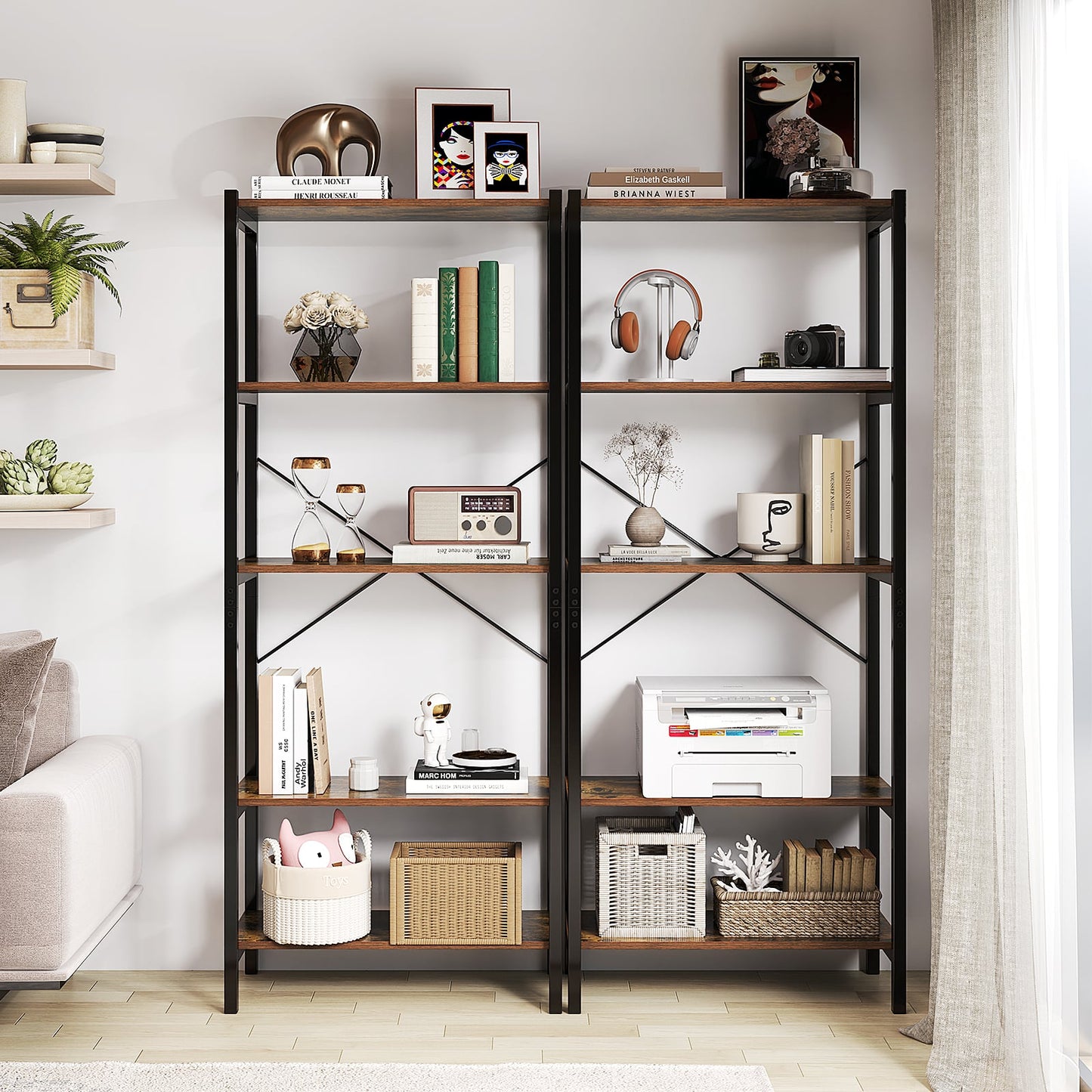 5-Tier Bookshelf with Metal Frame and Storage Rack-Rustic Brown