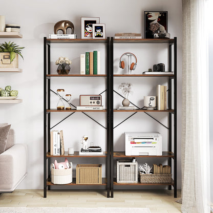 5-Tier Bookshelf with Metal Frame and Storage Rack-Rustic Brown