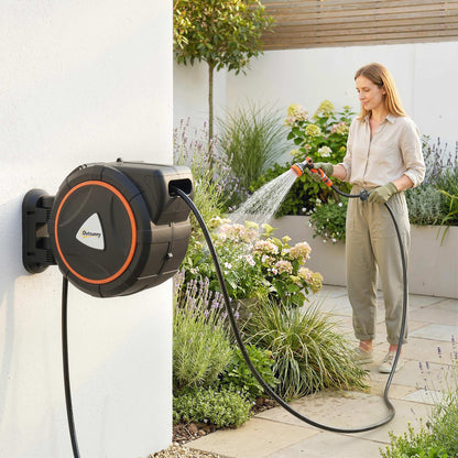 Outsunny 28+2m Retractable Hose Reel Wall Mounted with Auto Retraction, Self-Locking, Slow Return System, 12-Pattern Nozzles